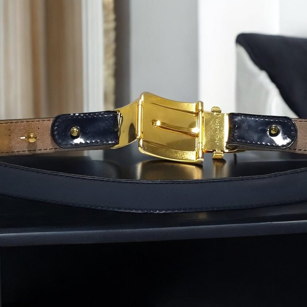 Rare Women’s Art Deco Belt Italian Retro Patent Leather in Blue w/a Gold Buckle - Picture 6 of 13